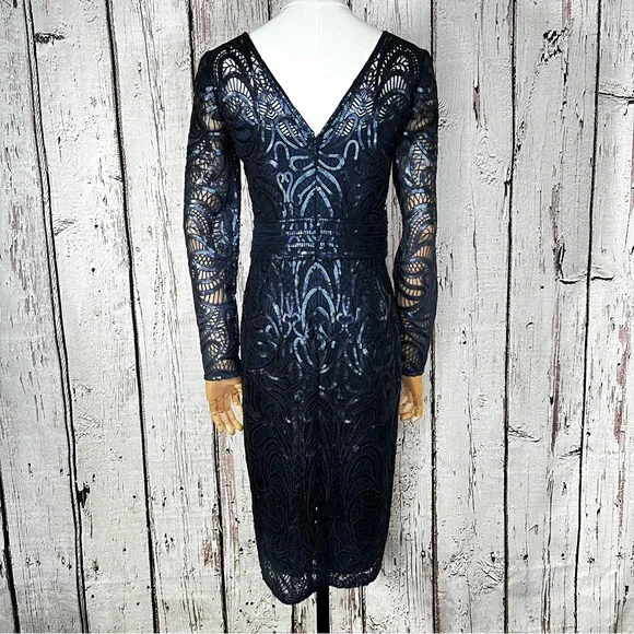 Tadashi Shoji Sequins Swirl Fitted Lace Long-Sleeve Cocktail Dress Size 2 EUC - Picture 11 of 16